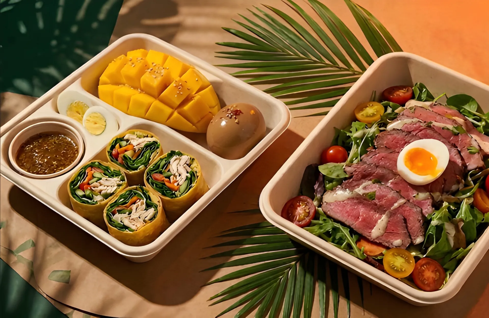 Honest Island meal boxes with chicken wraps, mango, egg, and seared beef salad in biodegradable packaging